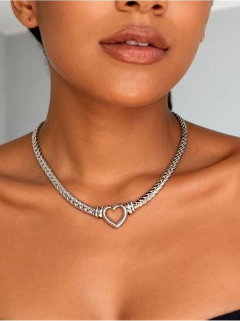 Silver Tone Heart Choker Necklace Stainless Steel Cuban Link Hollow Heart